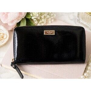 Kate Spade Bixby Place Black Patent Leather Zip Around Wallet Gold Logo